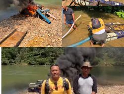 Lagi Lagi Meresahkan ! Jajaran Polres Kampar Kembali Bakar Rakit Tambang Ilegal di Desa Kota Lama