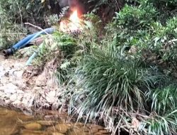 Polsek Kampar Kiri Bakar Lima PETI di Sungai Batang Bio Desa Tanjung Permai Saat Penertiban 